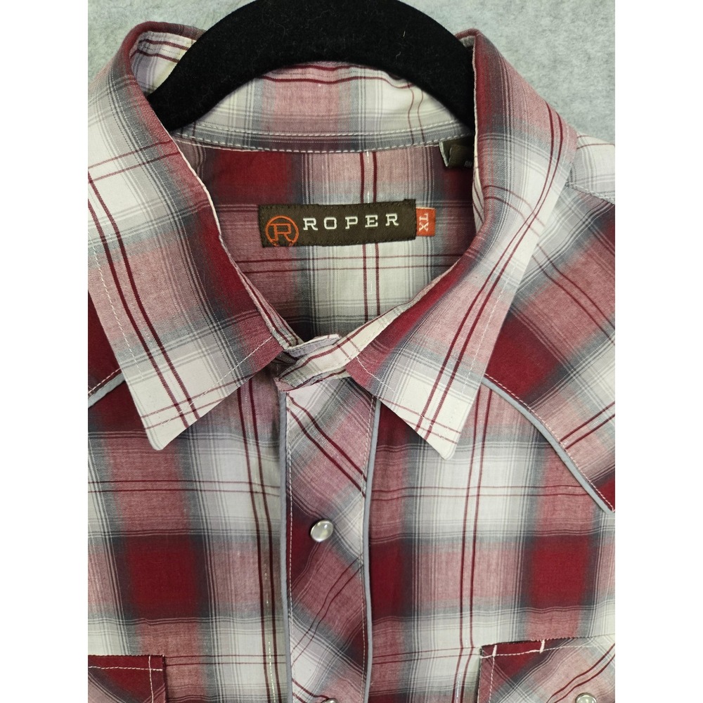 Roper Western Shirt Mens XL Red Plaid Pearl Snap Embroidered Back Yoke Lurex LS